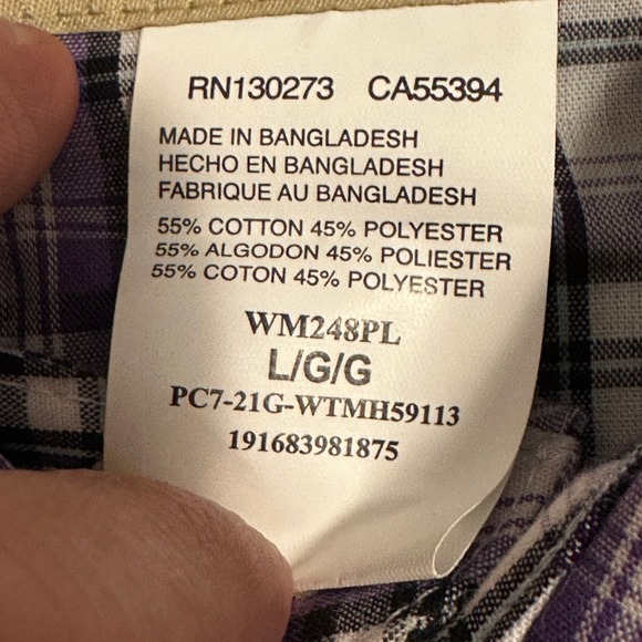 Wrangler Woven Western Button Up Shirt Short Sleeve Plaid Purple Mens Size L - Picture 8 of 13